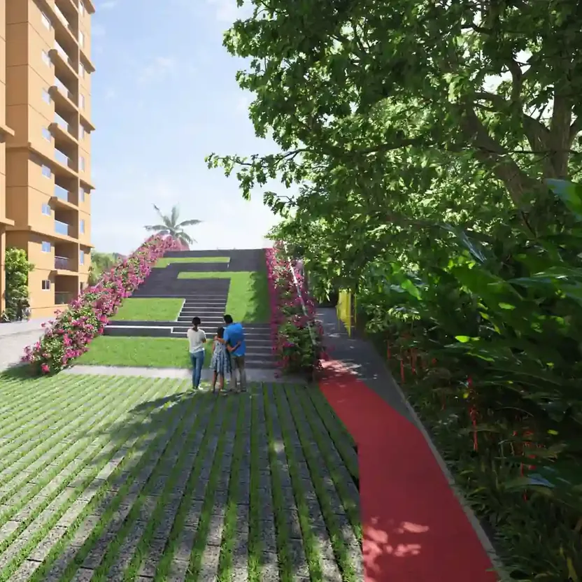 Altitudes by DSR, Osman Nagar, artistic impression A landscaped lawn and walking path beside a tower at Altitudes by DSR