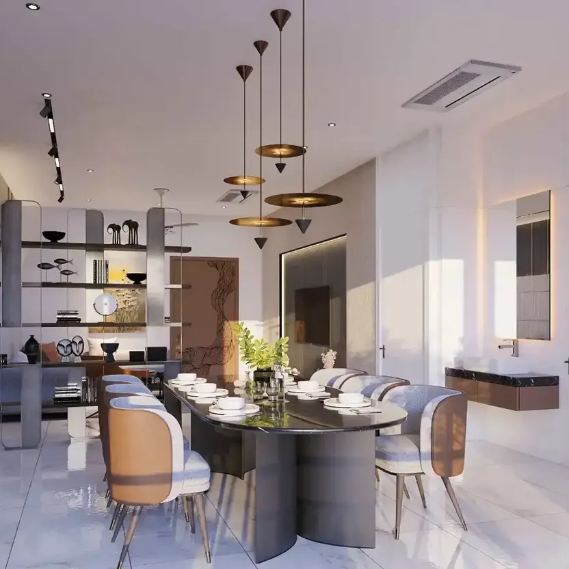 Altitudes by DSR, Osman Nagar, artistic impression A dining room with an oval table beneath pendant lights at Altitudes by DSR